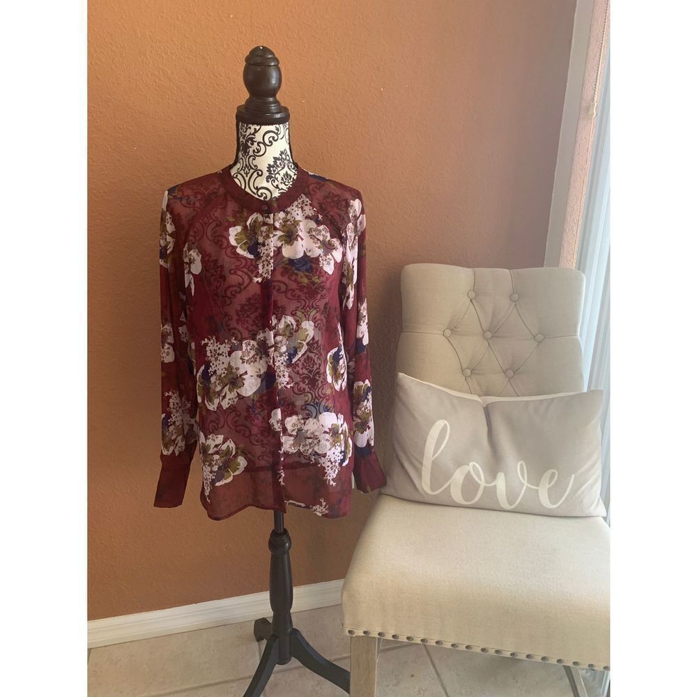 Kut from the Kloth Sheer Floral Burgundy Blouse size M